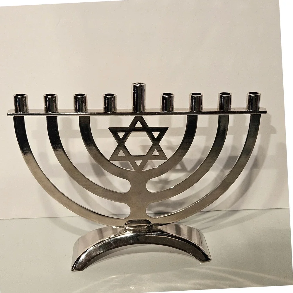Menorah Hanukkah Chanukiah Silver Blue Green Enamel Star of David with Candles